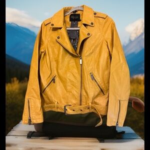 Women’s Second Color Collection Mustard Edgy Retro Faux LeatherMoto Jacket Sz Lg